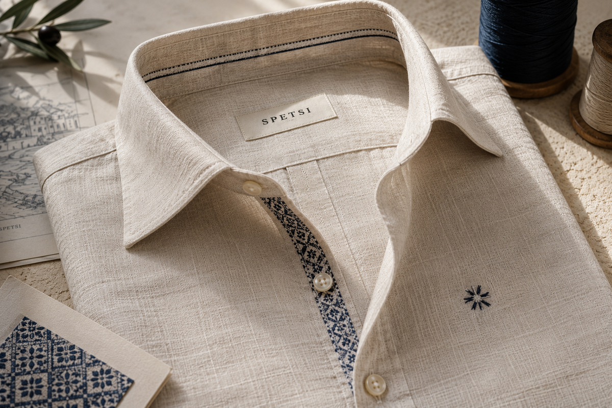 Premium linen shirt showcasing SPETSI luxury clothing craftsmanship, natural fabrics and thoughtful garment details